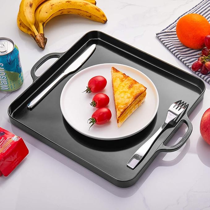 i BKGOO Foodservice Black Plastic Tray with Handle Set of 2 Large Melamine Cube Serving Platters for Parties, Table, Kitchen Size(12.5"x12.5"x1")