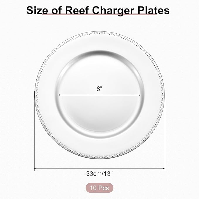 uxcell 10pcs Charger Plates Bulk 13 Inch Plastic Charger Plates Round Plate Chargers for Dinner Wedding Party Event Table Setting Decoration Silver (Pack of 2)