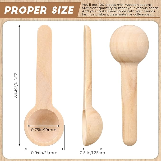 Patelai 100 Pieces Mini Wooden Spoons Bulk 3 Inch Small Condiments Tiny Jars Spoons for Coffee Condiment Honey Teas Sugar Kitchen Cooking Bath Salt (Cute Style)