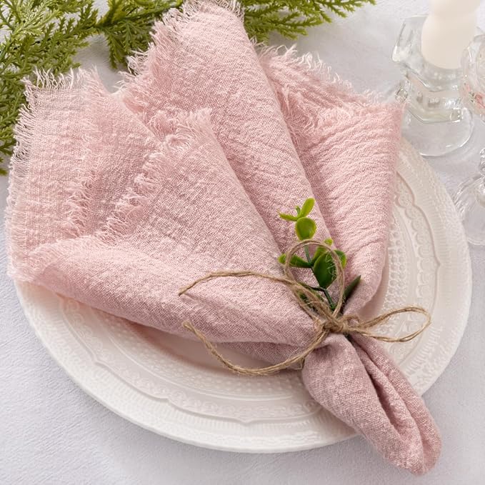 Socomi Set of 12 Linen Napkins Dusty Rose Easter Spring Cloth Napkins Washable Cotton Dinner Napkins Fringe 17"x17" for Wedding Party Bridal Baby Shower Birthday Table Decorations