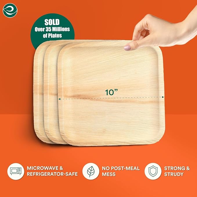 ECO SOUL Palm Leaf Disposable Bamboo Plates 10" Square Compostable & Biodegradable Party Plates for Christmas Dinner, Weddings, Parties & Events 50 Count