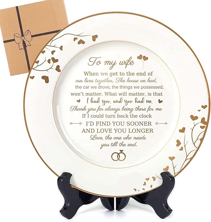 Gifts for Wife - To My Wife Plate with 24k Gold Foil, Happy Birthday Anniversary Wedding Gift for Her from Husband, Ceramic 9"