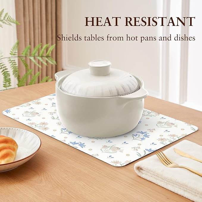 QIYI Placemats Set of 6, 12x18 Inch PU Leather Place Mats for Kitchen Dinning, Heat Resistant Anti Slip Floral Table Mats, Waterproof Wipeable Washable Placemat Party Table Décor, Minimal Flowers