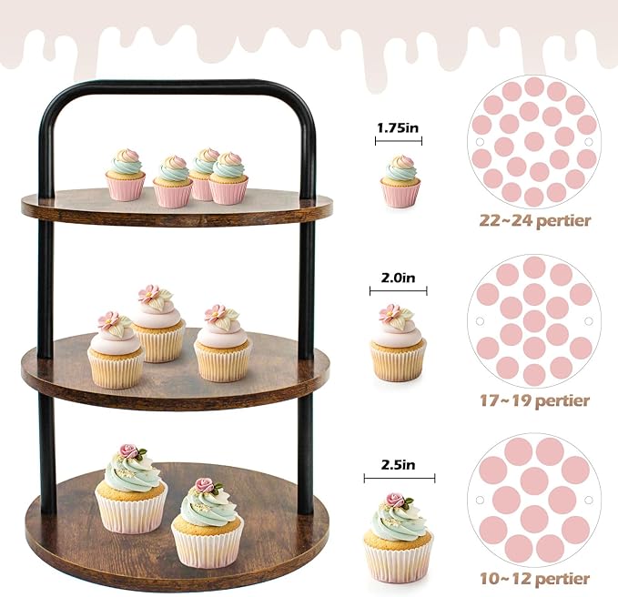 2PCS Wooden Cupcake Stand for 100 Cupcakes - 3-Tier Large Round Dessert Table Display Set with Cupcake Tower, Tiered Tray,Cake Tray and Serving Tray for Wedding, Party, Anniversary, Farmhouse Decor