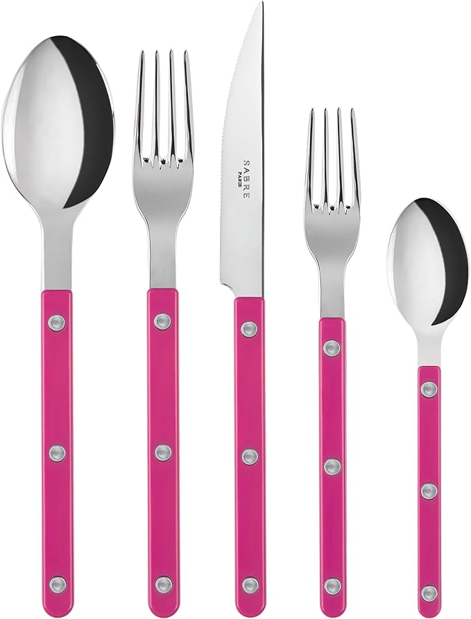 SABRE PARIS - 20-Piece Flatware Set for 4 - Bistrot Collection - Knife, Fork, Soup Spoon, Teaspoon & Dessert Fork - Stainless Steel & Nylon - Dishwasher Safe - Raspberry - Shiny Finish