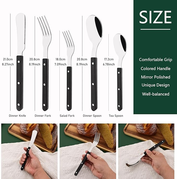 30 PCS Stainless Steel Flatware Set for 6, Silverware Set with Colored Handles, Retro Style Forks Spoons and Knives Set, Vintage Eating Utensils, Black Acrylic Handle with Rivets Design