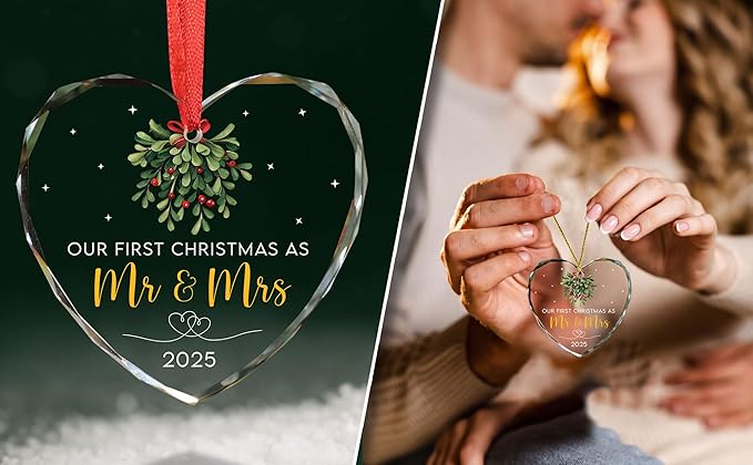 First Christmas Married Ornament 2025 - Wedding Gifts - Mr and Mrs Gifts - Wedding Gift for Couples 2025, Bride, Future Mr and Mrs - Bridal Shower Gift for Married Newlywed - Glass Ornament