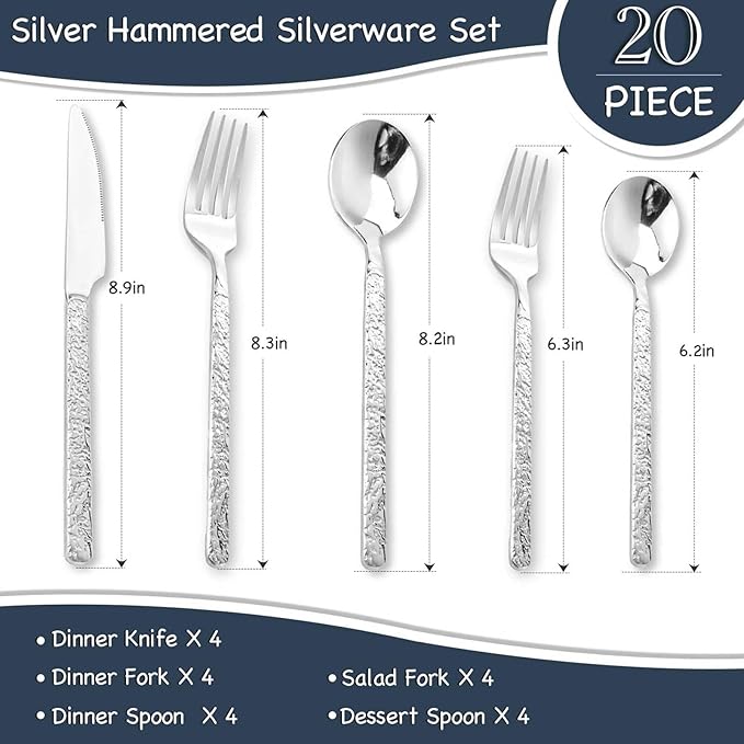 20-Piece Silverware Set, Silver Hammered Stainless Steel Flatware Set, Cutlery Set Service for 4, Kitchen Utensil Set, Tableware Set Including Fork Knife Spoon Set,Dishwasher Safe, FS202402