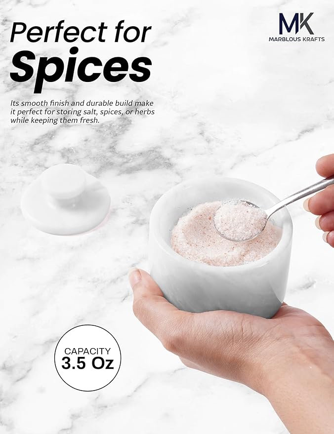 MARBLOUS KRAFTS Marble Salt Cellar with Lid & Spoon 3' White Small Flaky Salt Container, Seasoning Jar, Spice Storage Countertop, Ideal For Salt Box, Sugar Jar Kitchen Décor