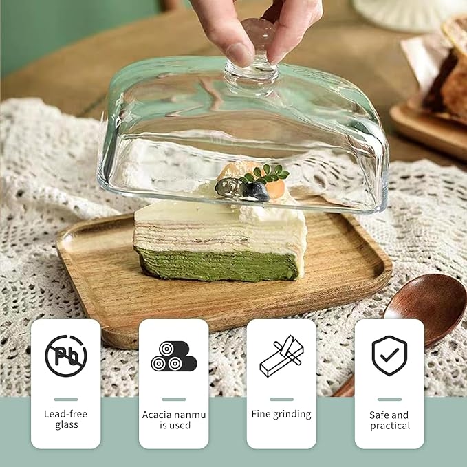 1 Pack Rectangular Wooden Cake Stand with Glass Dome,Small Cake Plate Holder with Clear Glass Bell,Cake Display Server Tray for Kitchen,Birthday Parties,Weddings,Baking Gifts (4.6 x 7in)