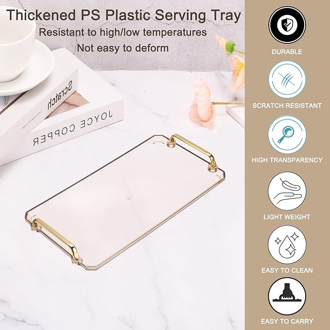 PATIKIL 16.1 x 8.7 Inches Plastic Serving Tray with Golden Handles, Reusable Tray Rectangular Party Platters for Dessert Coffee Tea Table, Living Room Kitchen Countertop, Amber