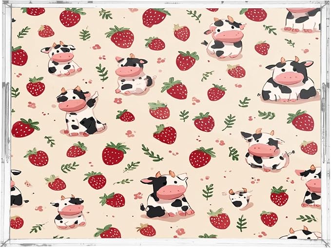 Serving Tray with Handles Clear Acrylic Tray 12x16 Inch Decorative Rectangular Tray Organizer for Ottoman Coffee Table Bathroom Beige Strawberry Cows