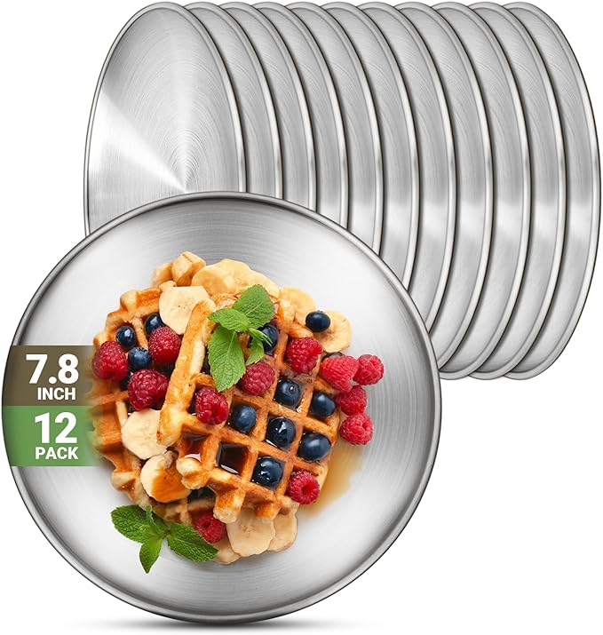 12 Stainless Steel Plates, 7.8 inch 304(18/8) Metal Camping Plate, Reusable Food Serving Dish Snack Eating Dishes Round Shatterproof Plate Silver Dinnerware for BBQ Dinner Oven Dishwasher Safe