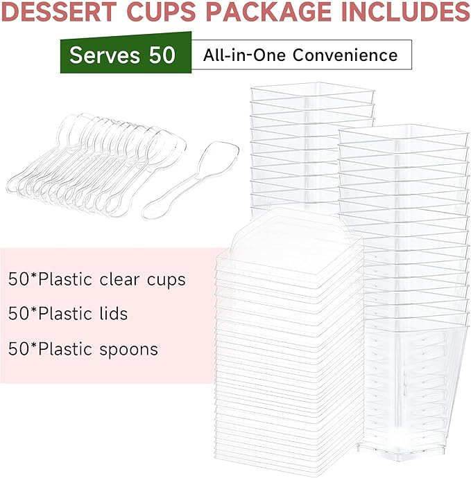 OTOB 150 Pack 5.4 oz Dessert Cups with Lids and Spoons | Serves 50 | Small Square Plastic Cake Pudding Cups, Mini Party Serving Cups for Parfait, Yogurt, Appetizers, Mousse, Dessert Shot Glasses Bowl