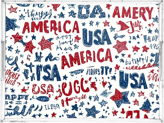 Serving Tray with Handles Clear Acrylic Tray 12x16 Inch Decorative Rectangular Tray Organizer for Ottoman Coffee Table Bathroom Vibrant Patriotic Stars Independence Day
