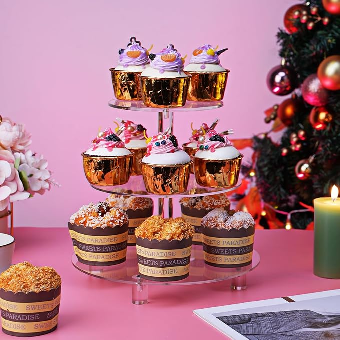 Acrylic Cupcake Stand, 3 Tier Round, Clear Dessert Tower Holder Display with Base for Baby Shower, Birthday Party,Wedding,Christmas,Reception (Clear)