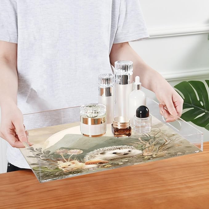 Serving Tray with Handles Clear Acrylic Tray 12x16 Inch Decorative Rectangular Tray Organizer for Ottoman Coffee Table Bathroom Beige Hedgehogs Mountains Mushrooms Flowers
