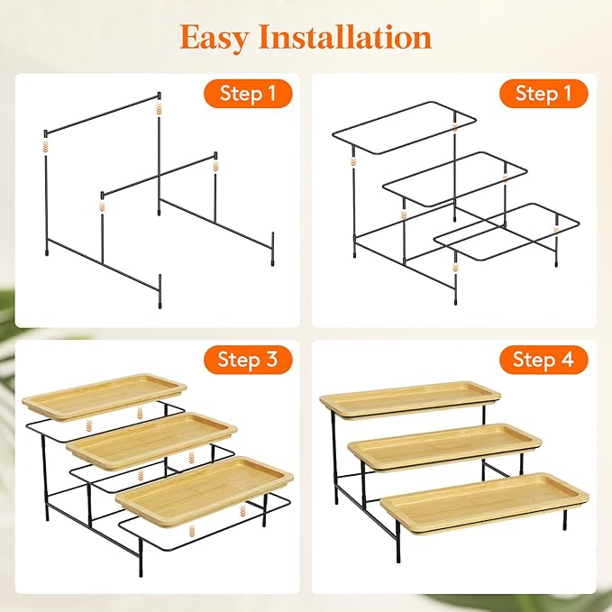 Lifewit 3 Tier Bamboo Serving Tray for Party Supplies, 12" x 6.5" Platters for Serving Food, Reusable Trays with Black Metal Display Stand for Veggie, Fruit, Cookies, Dessert
