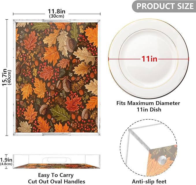 Serving Tray with Handles Clear Acrylic Tray 12x16 Inch Decorative Rectangular Tray Organizer for Ottoman Coffee Table Bathroom Brown Maple Leaves Acorns Berries Branches