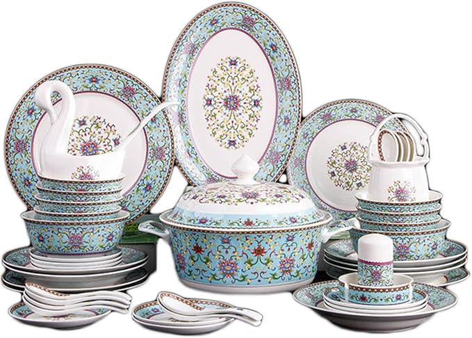 Luxury Tableware Set Tableware Dishes Plates Ceramic Combination Dinner Service Set of Bowls Dessert Plates Soup Plates Dinner Plates 60 Piece Yellow (Blue)