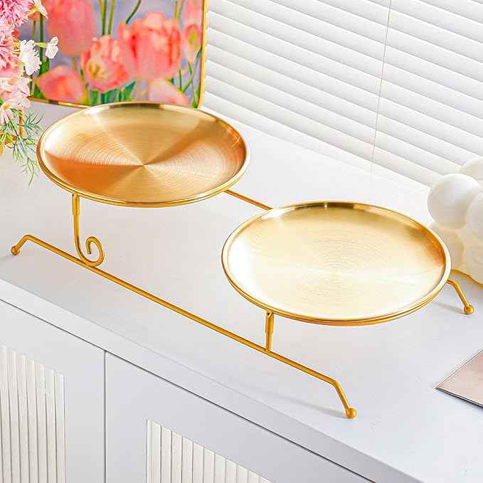 Fruit Tray, Tiered Serving Tray, Snack Tray, Plate Holder Made of Stainless Steel and Iron with an Elegant Two-Tiered Structure and Practical Design F, Gold