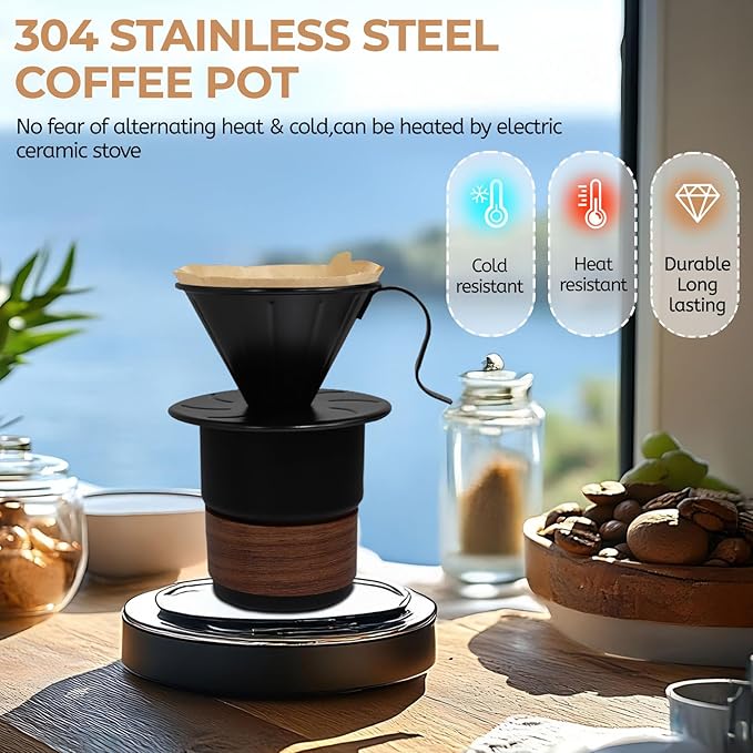 Uncoated Pour Over Coffee Maker 300ml Portable Cup 304 Thickened Stainless Steel Drip Coffeemaker Set with 50pcs V60 Cone Paper Filters Hand Brew Dripper Carafe for Home Camping Travel 10.2oz Black