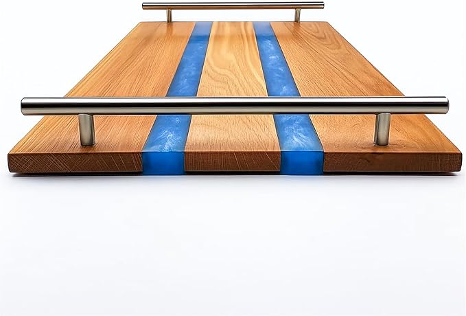 Oak Wood Epoxy Resin Serving Tray with Silver Handal and dubal Epoxy Looks for Food Breakfast in Bed Coffee Table Decor Serving Tray