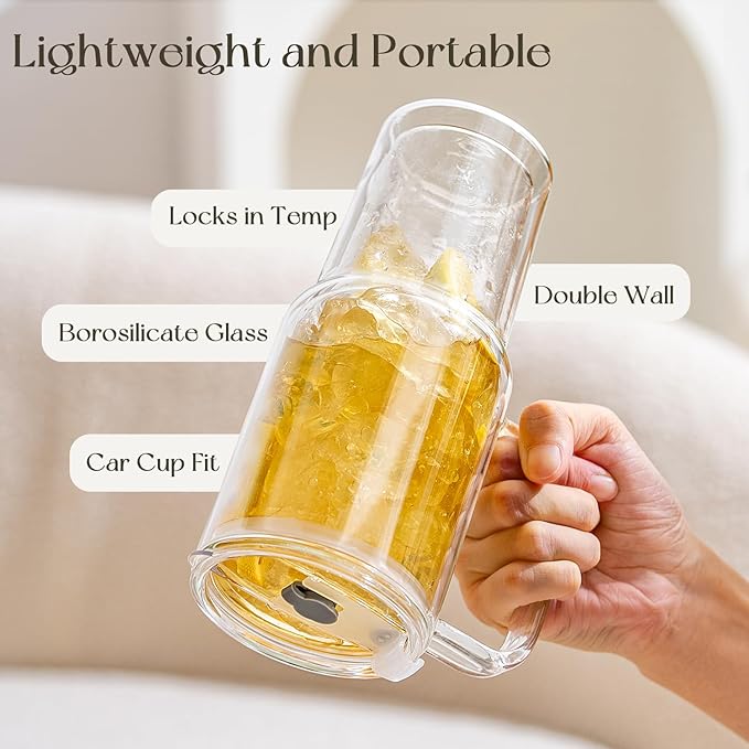 KEMORELA 2 Pack 28oz Double Wall Glass Tumblers with Handle, Lids & Straws – Large Insulated Clear Borosilicate Glass Cups for Iced Coffee, Smoothies, Bubble Tea & Cold Beverages