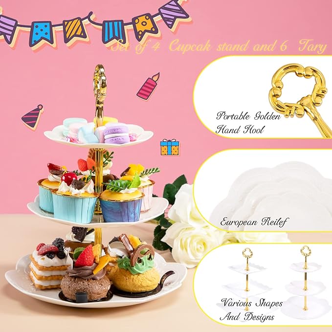 Supernal 3 Tier Cupcake Stands - 6pcs Plastic Trays, 4 Pack Round & Square Cake Trays Set