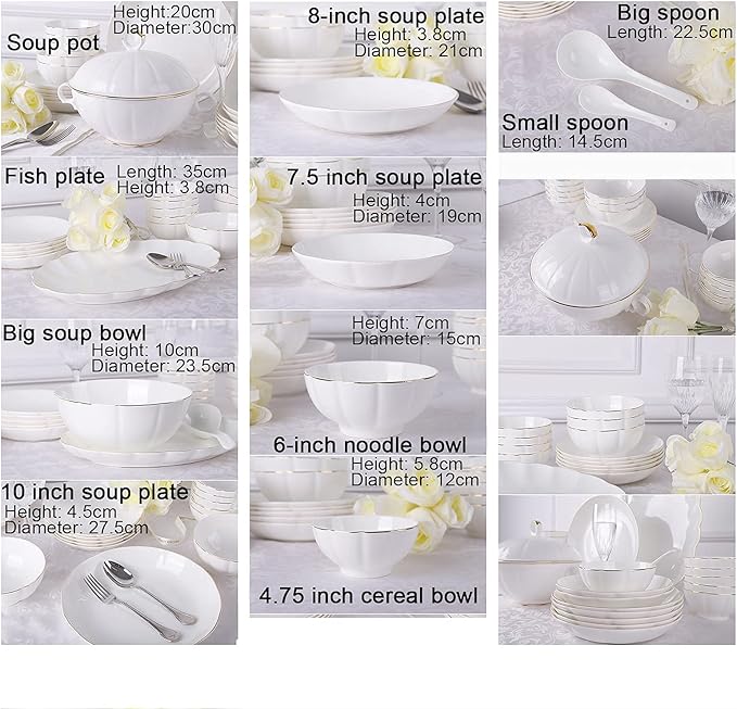 56 Pieces Dinnerware Set for 12 People, Porcelain Bone China Kitchen Dinning White Round Dinner Tableware Combination Set with Cereal Bowls Dessert Plates Dishes and Soup Pot,