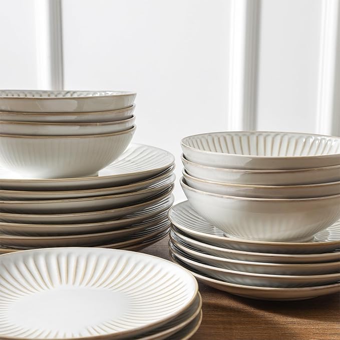 Stone Lain Linea 16-Piece Dinnerware Set Stoneware, Soda Lime Glass, White
