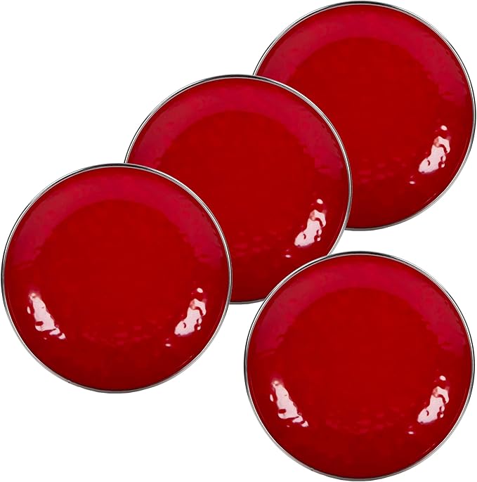 Golden Rabbit Enamelware Appetizer Plates, 6 inch, Solid Red Textured, Set of 4