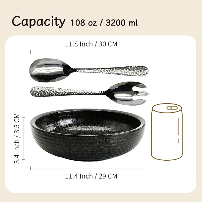 11.5-Inch Large Ceramic Salad Bowl Set – Speckled Stoneware with Stainless Steel Servers, Handcrafted Texture, Dishwasher Safe (Obsidian Black)