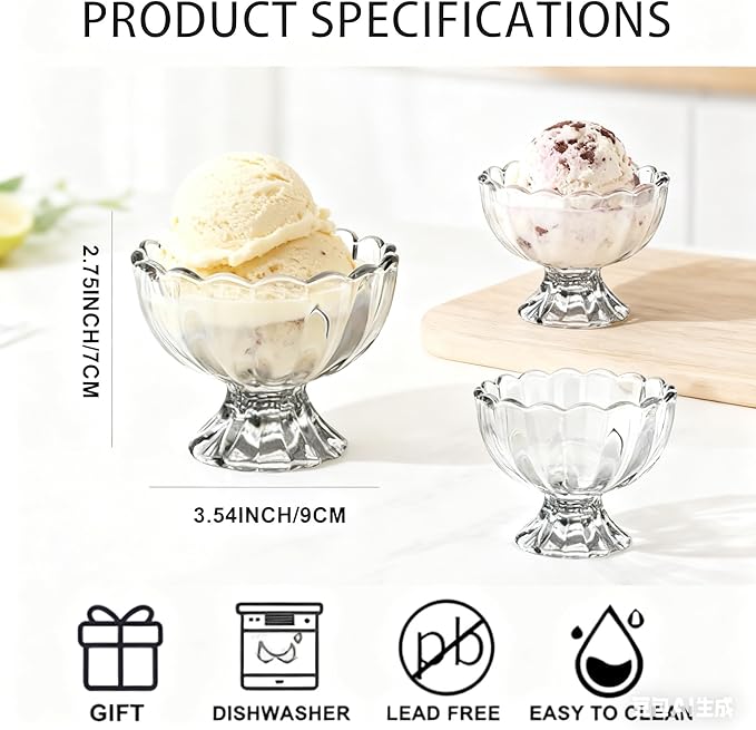 6 Pack 5oz Glass Ice Cream Bowls Set, Thickened Clear Dessert Cups with Heavy Base, Scalloped Pedestal Bowls for Sundaes, Parfaits, Fruits & Snacks, Elegant Reusable Design