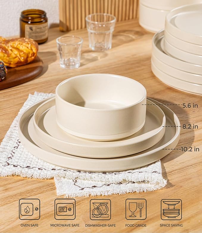 TheTerra Ceramic Dinnerware Sets for 8, 24 Pieces Handmade Reactive Glaze Plates and Bowls Set, Scratch Resistant Dish Set, Oven & Microwave & Dishwasher Safe, Matte White