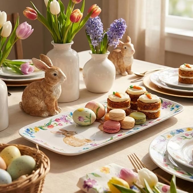 UPware Easter Bunny Melamine Serving Tray, 15 x 6.5 Inch Rectangular Serving Platter, BPA Free Food Tray for Party Entertaining