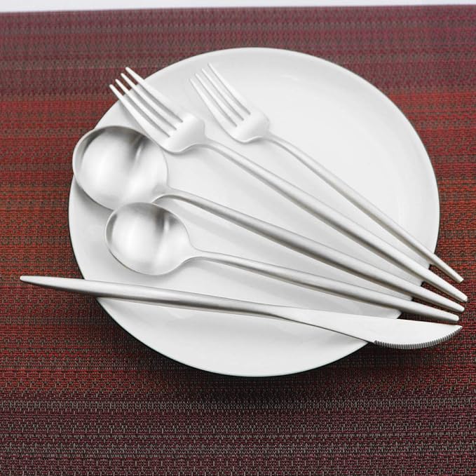 Gugrida Luxury Flatware, Royal 20 Piece Matte White Handle 18/10 Stainless Steel Tableware Sets for 4 Including Forks Spoons Knives, Camping Silverware Travel Utensils Set Cutlery (Full Silver)