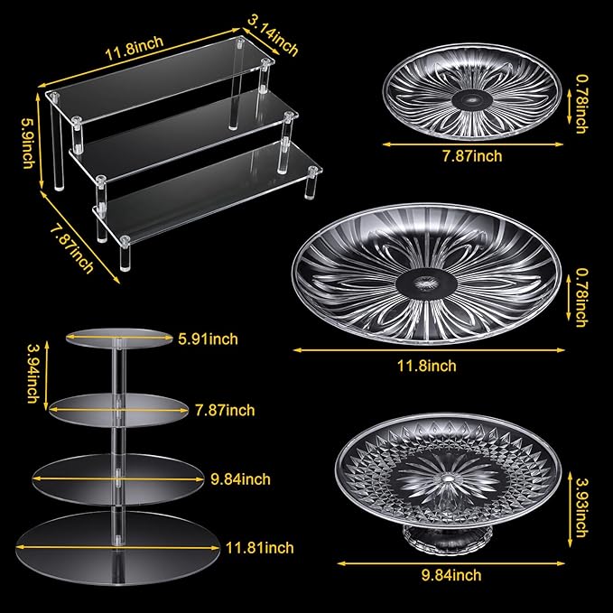 6 Pcs Acrylic Cake Stands Set Include 2 Display Risers 1 Pcs 4 Tier Cupcake Tower and 3 Clear Round Dessert Trays Cake Table Holder for Wedding Baby Shower Decoration(Novel Style)