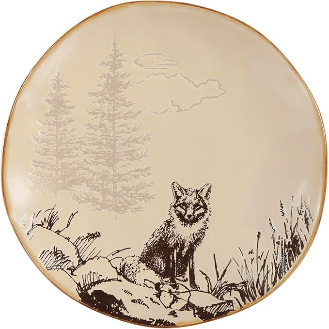 Paseo Road White Pine 16 Piece Ceramic Dinnerware Set, Pine Tree Bear Deer Moose Fox Print, Modern Rustic Cabin Lodge Dish Set with Plates, Bowls, Mugs