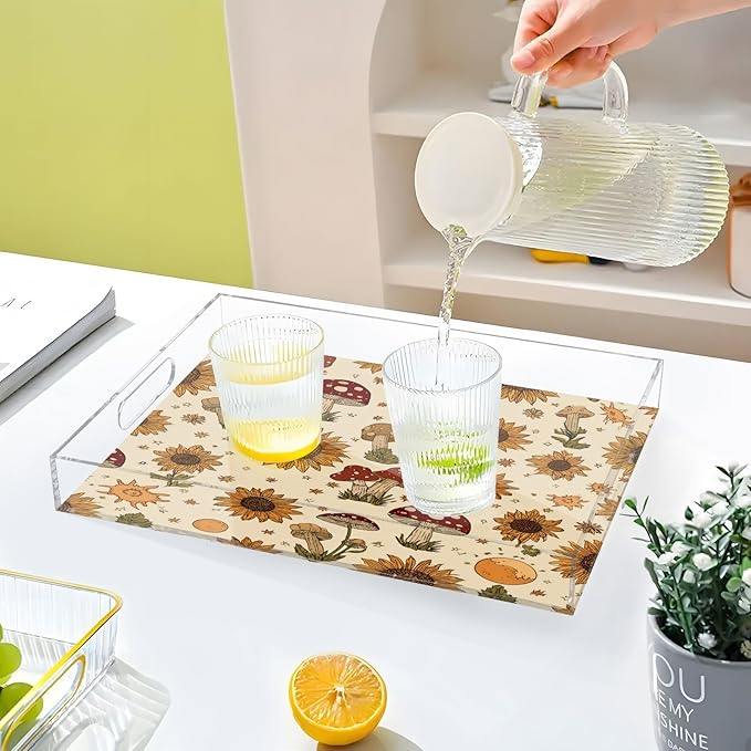 Serving Tray with Handles Clear Acrylic Tray 12x16 Inch Decorative Rectangular Tray Organizer for Ottoman Coffee Table Bathroom Autumn Mushrooms Sunflower Yellow