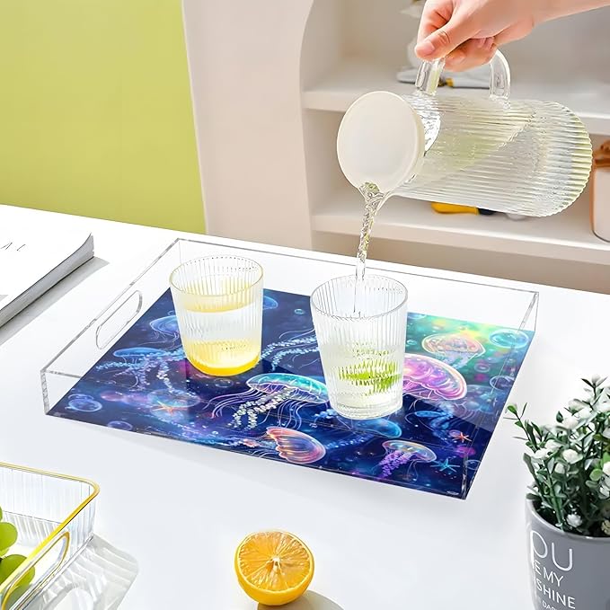 Serving Tray with Handles Clear Acrylic Tray 12x16 Inch Decorative Rectangular Tray Organizer for Ottoman Coffee Table Bathroom Vivid Jellyfishes Bubbles and Starfishes