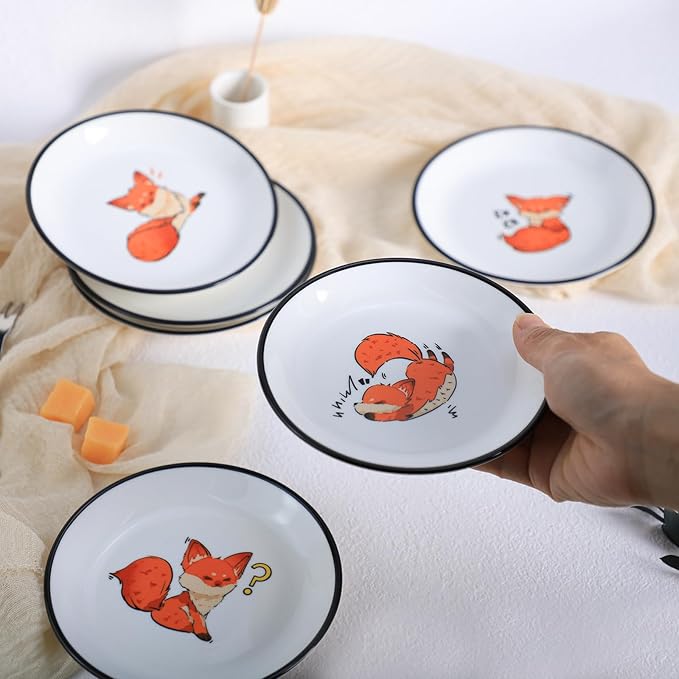SOCOSY Super Cute Cartoon Animal Ceramic Sauce Dishes, Seasoning Dishes, Little Cat Dog Bird Feeding Bowls, Sushi Soy Dipping Bowls, Appetizer Plates, Dessert Plates, Set of 6-Fox-5 Inch