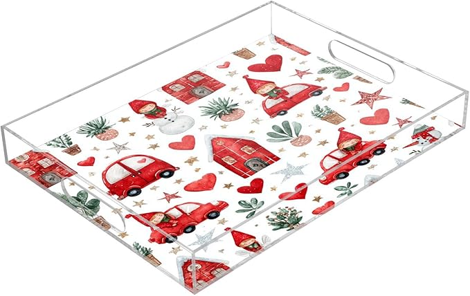 Serving Tray with Handles Clear Acrylic Tray 12x16 Inch Decorative Rectangular Tray Organizer for Ottoman Coffee Table Bathroom Watercolor Christmas Elves Stars White