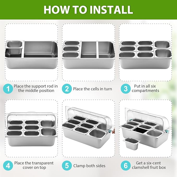 Countertop Food Serving Display Container and Clear Roll Top Cover Stainless Steel Food Serving Tray Buffet Condiment Dispenser Display Rack for Restaurant Hotel Kitchen Party (8 Pan)