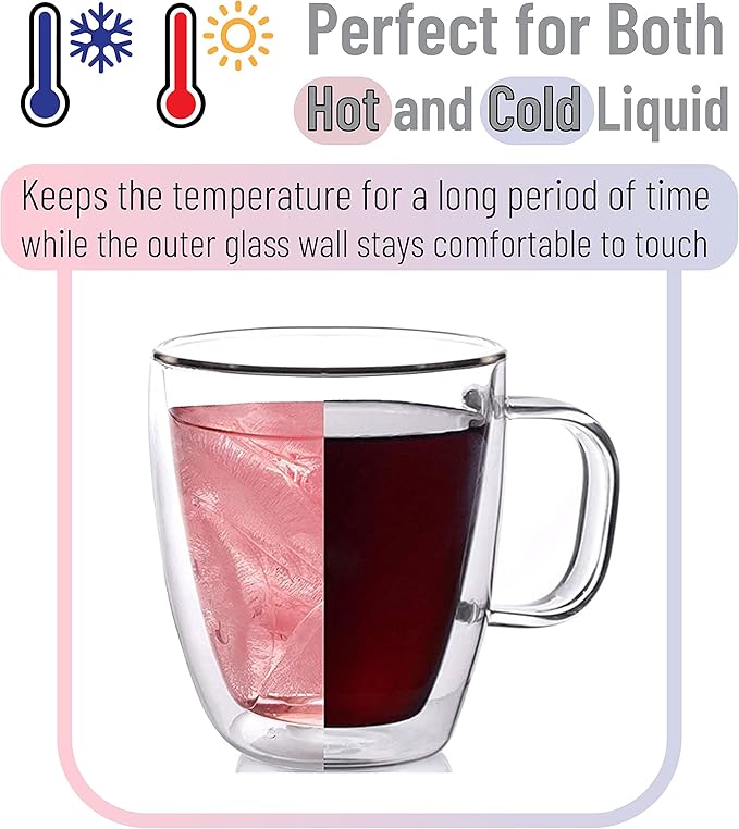 BTaT- Double Wall Glass Coffee Mugs, 12 oz, Set of 4, Clear Latte Cups, Insulated, Christmas Gifts