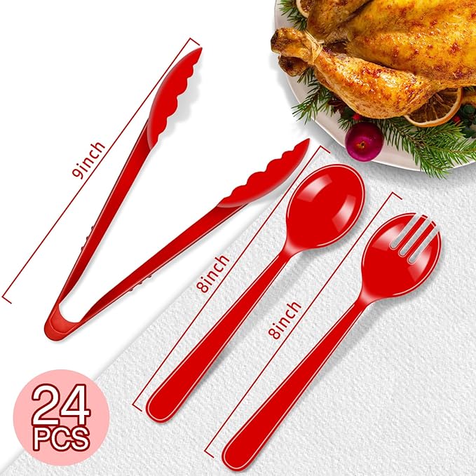 24 Pcs Serving Utensils Set - 8 Tongs, 8 Spoons, 8 Forks | Heavy Duty Plastic Disposable Red Party Supplies for Buffet, Holiday Events Catering Restaurant Dinner Salad Noodles Soup and Daily Use