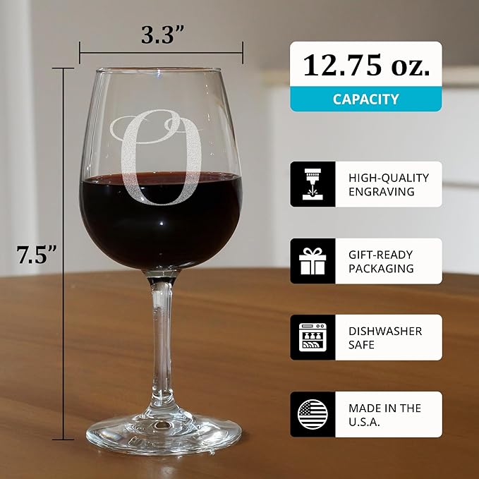 Monogrammed A-Z Wine Gifts for Women - 12.75 oz Engraved Personalized Wine Glass- Funny Wine Lover Monogram Gifts for Women - Unique Wine Glasses Gift Set (O)