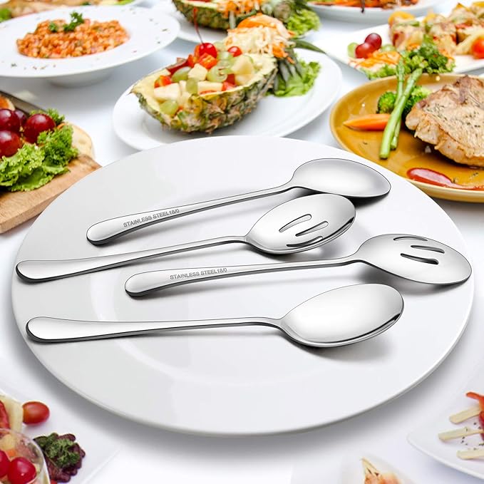 LIANYU 6-Piece Large Serving Spoons and Forks Set, 9.8 Inch Stainless Steel Buffet Catering Party Banquet Serving Spoon Fork, Mirror Finished, Dishwasher Safe