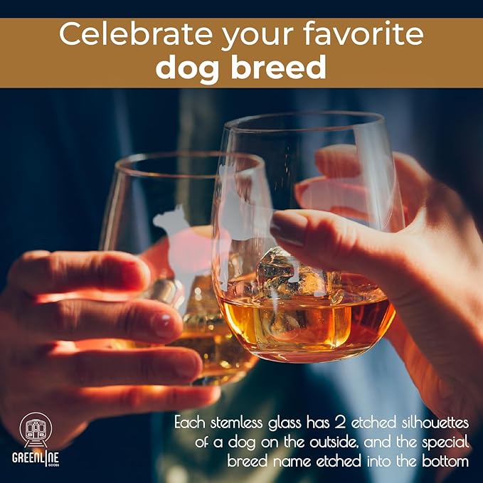 Boxer Stemless Wine Glasses (Set of 2) - Unique Gift for Dog Lovers - Hand Etched with Breed Name on Bottom