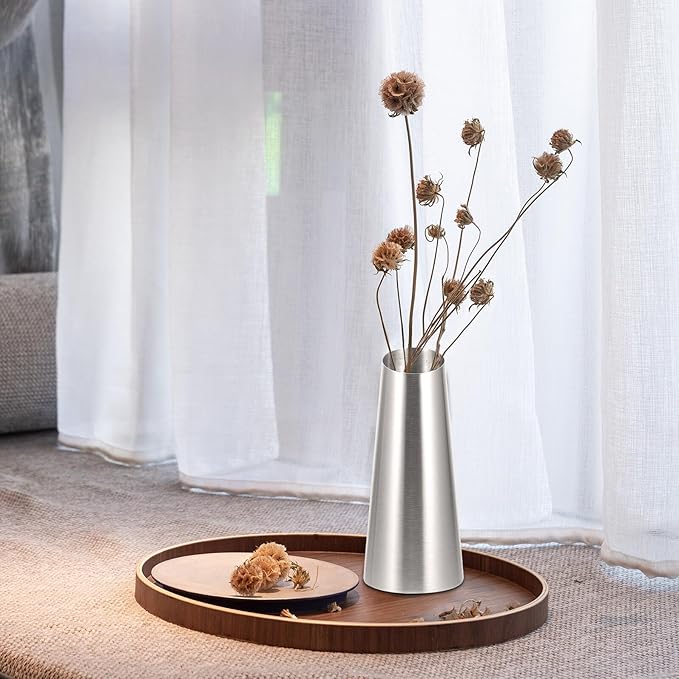 Stainless Steel Metal Vase Decorative Flower Bottle Tabletop Ornament for Home Office Garden Decor Modern Silver Desktop Arrangement